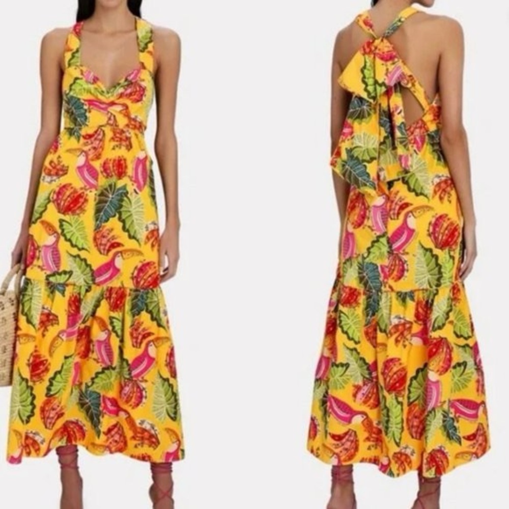 Farm Rio Women’s XS Yellow Birds Beaks & Bananas Maxi Sun Dress - Excellent